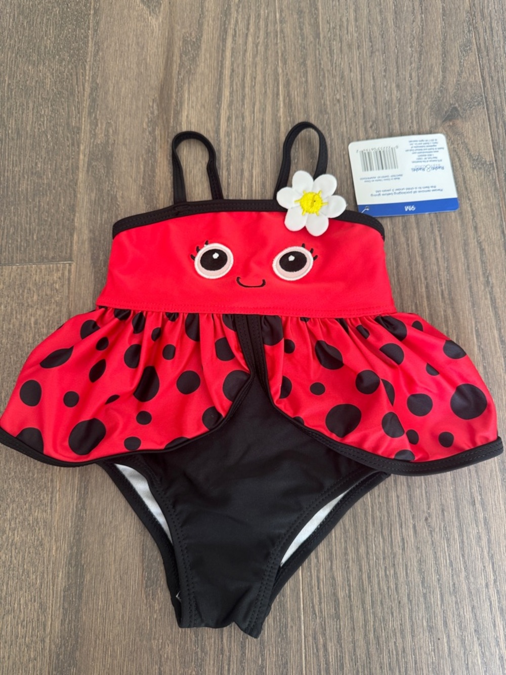 Girls Red Ladybug One-Piece Swimsuit with Flower Accent